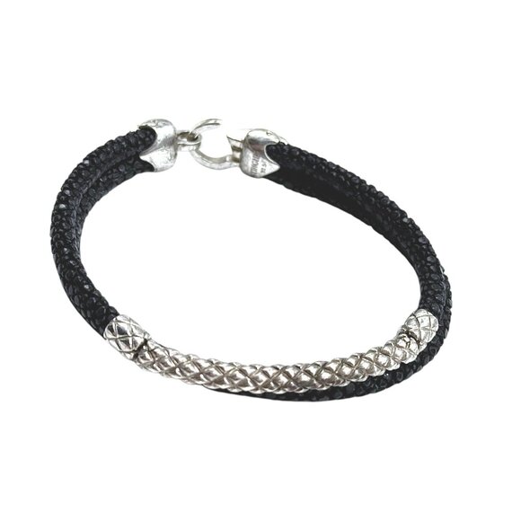 STINGHD Sterling Silver & Black Stingray Leather Bracelet Textured Silver Accent - Picture 1 of 6